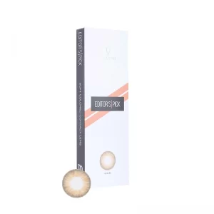 A pair of brown Auburn colored graded contact lenses sitting on top of a box good for 3 months.