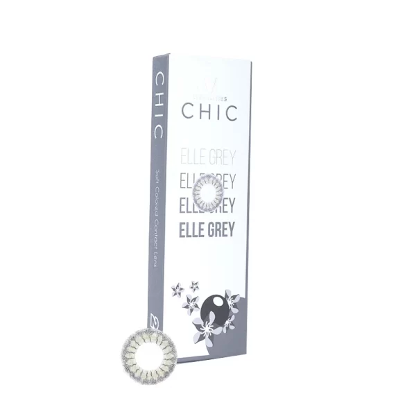 A package of chic elle grey soft colored contact lens on a white background