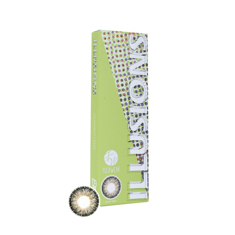 FLEXWEAR_ILLUSIONS_SLATE_GRAY_BOX_WEBSITE Flexwear Illusions contact lens in slate gray