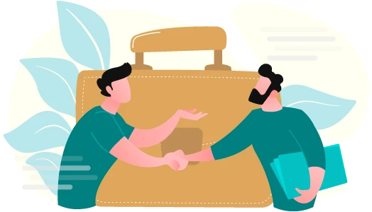 Two people shaking hands over a suitcase