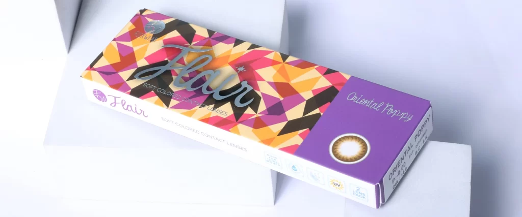 A box of Flexwear Oriental Poppy colored contact lens